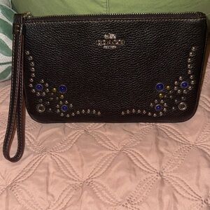 Coach Black Wristlet with Blue and Silver Accents